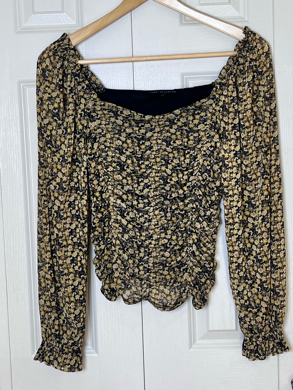 Jane + Delancey Black Yellow Floral Ruched Smocked Bodice Top Square Neck Large